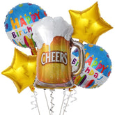 PartyCorp Happy Birthday Cheers Beer Mug Gold Star Foil Baloon Bouquet, Decoration Set, DIY Pack Of 5